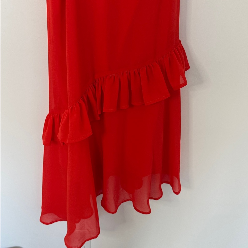 Sam Edelman NWT Side Cut Out Asymmetrical Hem Ruffle Dress, Red Coral - Size 2 - Picture 8 of 10